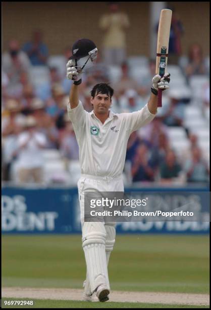 New Zealand captain Stephen Fleming celebrates reaching his century during his innings of 117 in the 3rd Test match between England and New Zealand...