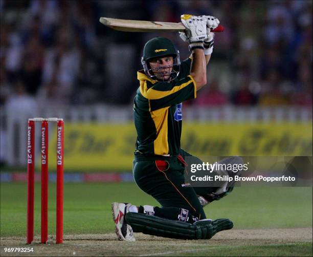 Leicestershire captain Brad Hodge hits out during his innings of 77 not out in the Twenty20 Cup Final between Leicestershire and Surrey at Edgbaston,...