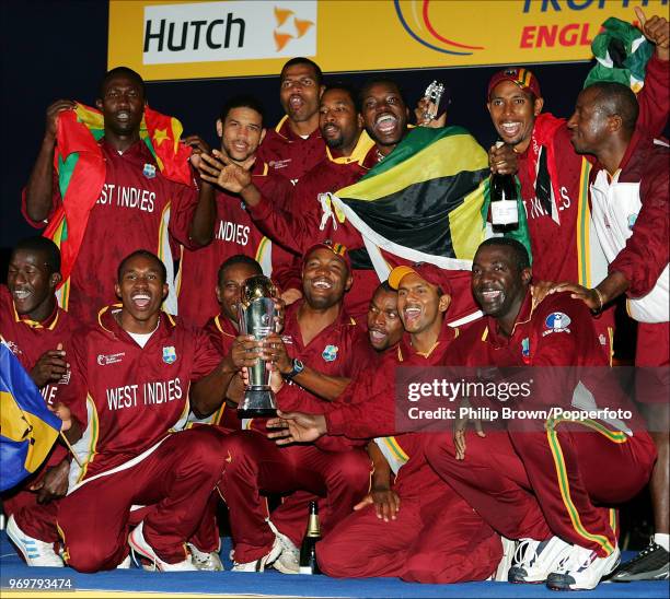 West indies captain Brian Lara and the West Indies team celebrate after winning the ICC Champions Trophy Final between England and West Indies at The...