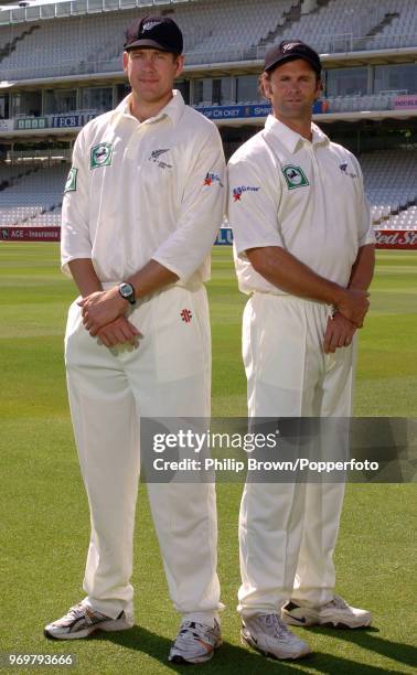 Jacob Oram and Chris Cairns of New Zealand pose for photographs on the outfield before the 1st Test match between England and New Zealand at Lord's...