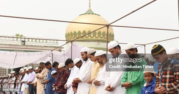 Devotees offer Alvida namaz on the last Friday in the holy month of Ramzan at Bara Imambara on June 8, 2018 in Lucknow, India. Jumut -ul-Wida is the...