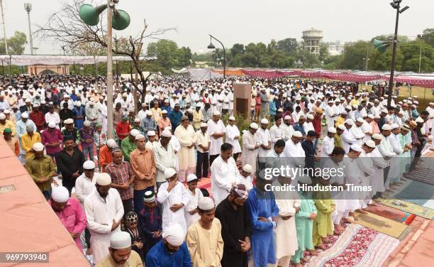 Devotees offer Alvida namaz on the last Friday in the holy month of Ramzan at Bara Imambara on June 8, 2018 in Lucknow, India. Jumut -ul-Wida is the...