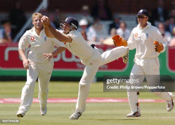 Nasser Hussain of England takes a catch to dismiss Craig McMillan of New Zealand for 0 in the 1st Test match between at Lord's Cricket Ground,...