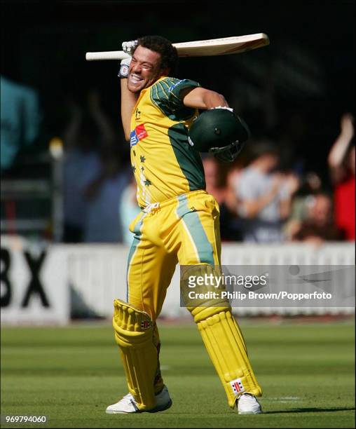 Andrew Symonds of Australia celebrates reaching his century during his innings of 104 not out in the NatWest Challenge One Day International between...