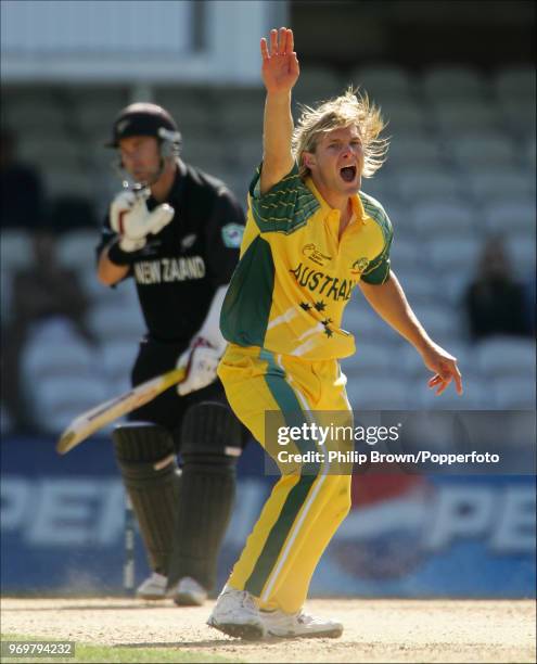 Shane Watson of Australia appeals unsuccessfully for the wicket of Craig McMillan of New Zealand during the ICC Champions Trophy match between...