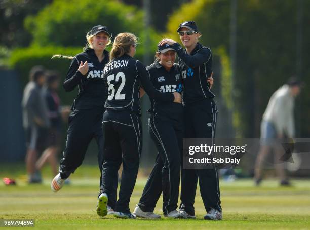 Dublin , Ireland - 8 June 2018; Kate Ebrahim of New Zealand, second right, is congratulated by team-mates after catching out Gaby Lewis of Ireland...