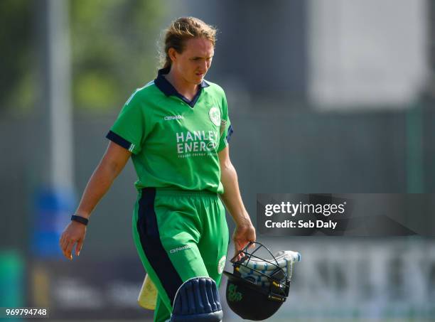 Dublin , Ireland - 8 June 2018; Shauna Kavanagh of Ireland leaves the field after being trapped LBW by Kate Ebrahim of New Zealand during the Women's...