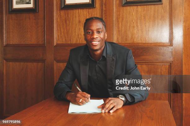 New signing Terence Kongolo joins Huddersfield Town from AC Monaco on June 8, 2018 in Huddersfield, England.