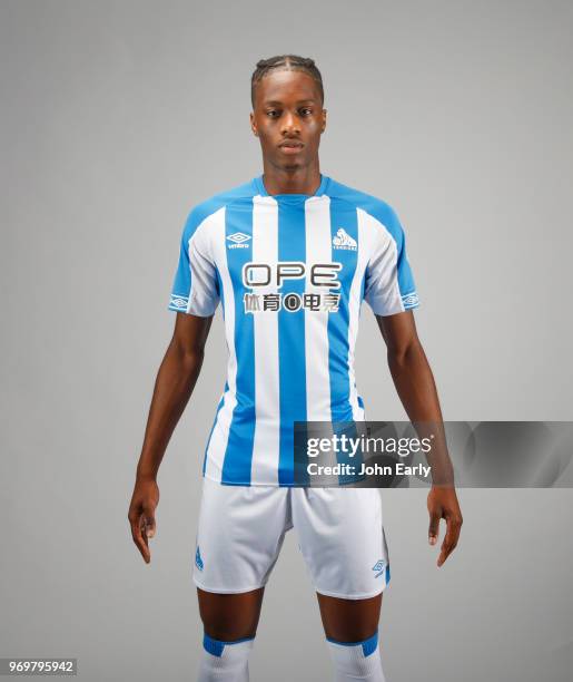 New signing Terence Kongolo joins Huddersfield Town from AC Monaco and launches the new Umbro home kit on June 8, 2018 in Huddersfield, England.