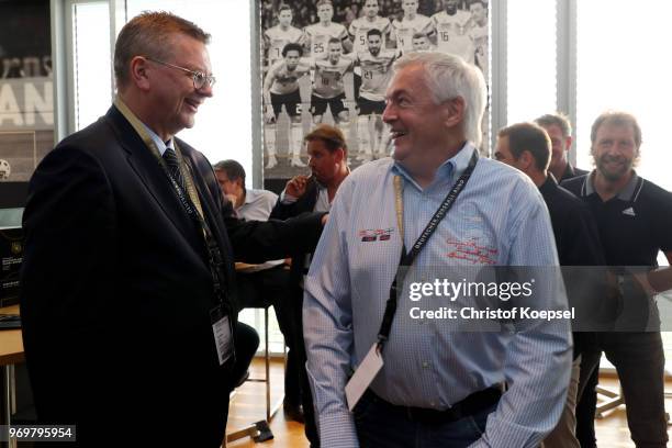 Reinhard Grindel, DFB president speaks to Hannes Bongarts during the Club Of Former National Players Meeting at BayArena on June 8, 2018 in...