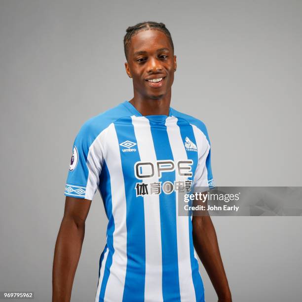 New signing Terence Kongolo joins Huddersfield Town from AC Monaco and launches the new Umbro home kit on June 8, 2018 in Huddersfield, England.