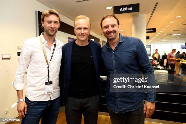 Wolfgang Rolff, Carsten Ramelow and Jens Nowotny pose during the Club Of Former National Players Meeting at BayArena on June 8, 2018 in Leverkusen,...