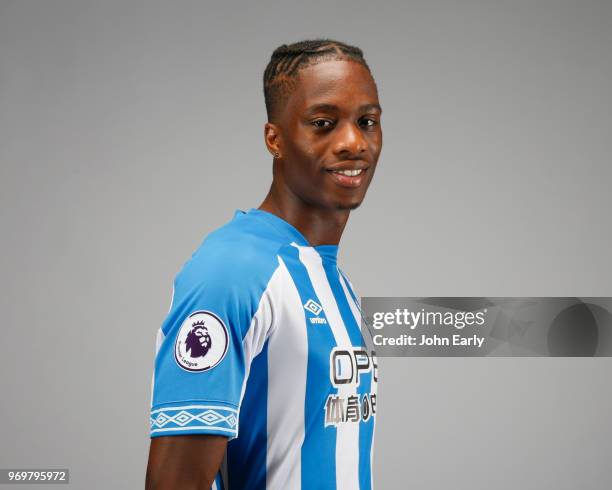 New signing Terence Kongolo joins Huddersfield Town from AC Monaco and launches the new Umbro home kit on June 8, 2018 in Huddersfield, England.