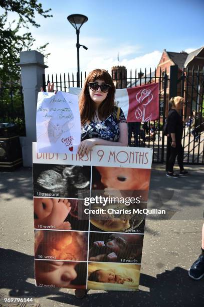 Pro Life supporters protest the visit of Taoiseach Leo Varadkar as he attends the launch of Feile An Phobail Arts Festival on June 8, 2018 in...