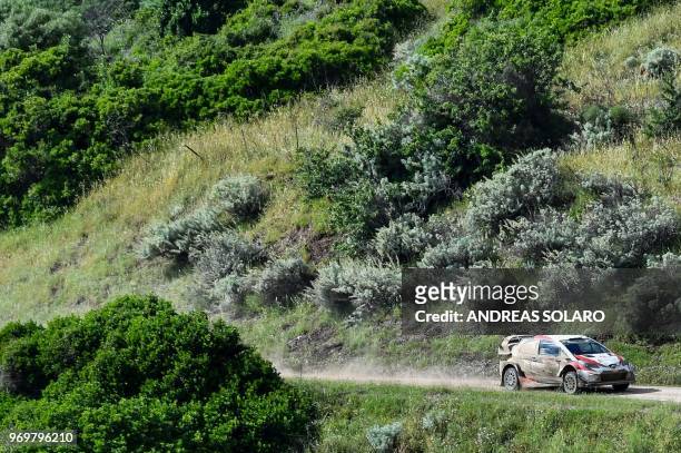 Finnish driver Esapekka Lappi and co-driver Janne Ferm, steer their Toyota Yaris WRC during the second day of the 2018 FIA World Rally Championship...