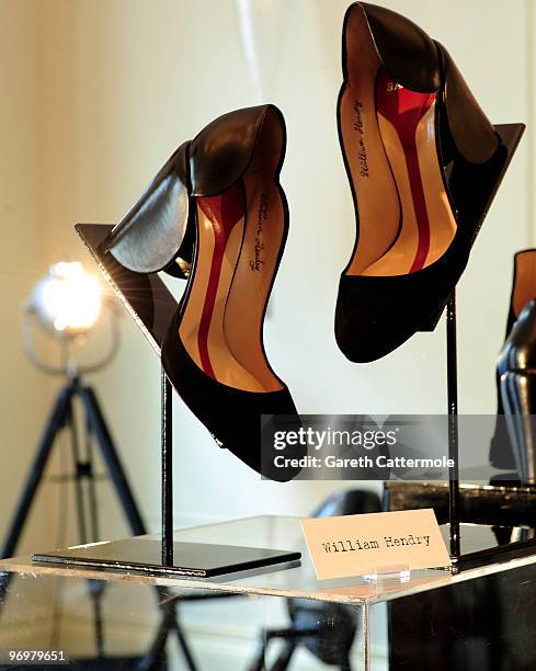 Shoe designs by William Hendry on display at the Bally and Central Saint Martins shoe design collaboration, at Browns Hotel as part of London Fashion...