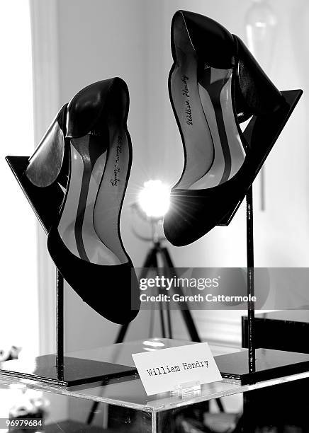 Shoe designs by William Hendry on display at the Bally and Central Saint Martins shoe design collaboration, at Browns Hotel as part of London Fashion...