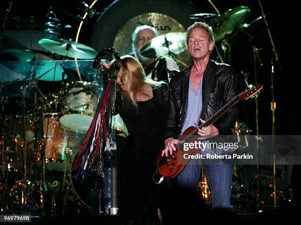 Mick Fleetwood, Stevie Nicks and Lindsey Buckingham of Fleetwood Mac perform on stage at Wembley Arena on October 30th 2009 in London.