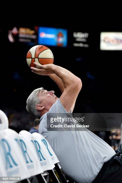 Head coach Bill Laimbeer of the Las Vegas Aces looks on during warm ups prior to the game against the Atlanta Dream on June 8, 2018 at the Mandalay...