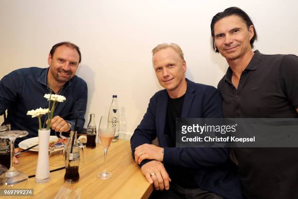 Jens Nowotny, Carsten Ramelow and Thomas Brdaric are seen nduring the Club Of Former National Players Meeting at BayArena on June 8, 2018 in...