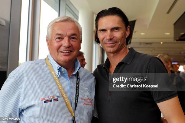 Hannes Bongartz and Thomas Brdaric pose during the Club Of Former National Players Meeting at BayArena on June 8, 2018 in Leverkusen, Germany.