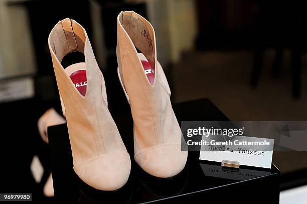 Shoe designs by Charles Youssef on display at the Bally and Central Saint Martins shoe design collaboration, at Browns Hotel as part of London...