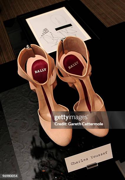 Shoe designs by Charles Youssef on display at the Bally and Central Saint Martins shoe design collaboration, at Browns Hotel as part of London...