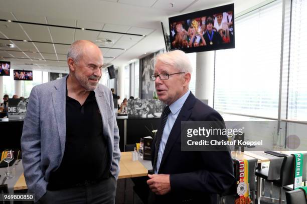Wolfgang Holzhaeuser and Reinhard Rauball talk during the Club Of Former National Players Meeting at BayArena on June 8, 2018 in Leverkusen, Germany.