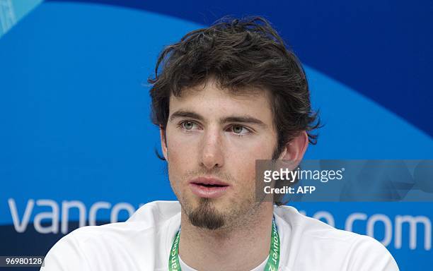 France's snowboarder Pierre Vaultier addresses a press conference of the French Olympic Committee in the Vancouver Olympic village on February 13,...