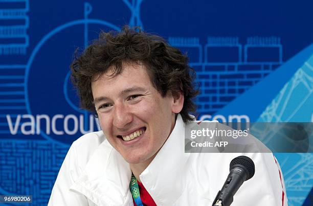 France's snowboarder Paul-Henri De Le Rue addresses a press conference of the French Olympic Committee in the Vancouver Olympic village on February...