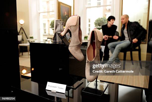 Shoe designs by Stephanie Turner on display at the Bally and Central Saint Martins shoe design collaboration, at Browns Hotel as part of London...