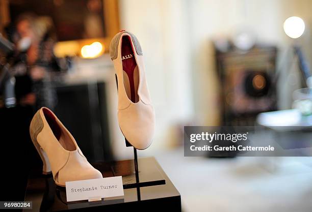 Shoe designs by Stephanie Turner on display at the Bally and Central Saint Martins shoe design collaboration, at Browns Hotel as part of London...