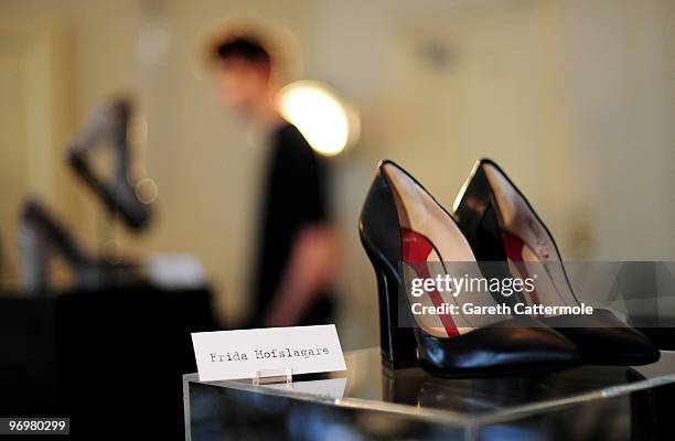 Shoe designs by Frida Hofslagare on display at the Bally and Central Saint Martins shoe design collaboration, at Browns Hotel as part of London...