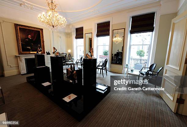 General view during the Bally and Central Saint Martins shoe design collaboration, at Browns Hotel as part of London Fashion Week on February 23,...