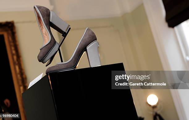 Shoe designs by Estefani Cortes Harker on display at the Bally and Central Saint Martins shoe design collaboration, at Browns Hotel as part of London...