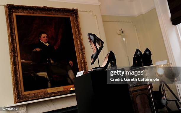 Shoe designs by Frida Hofslagare on display at the Bally and Central Saint Martins shoe design collaboration, at Browns Hotel as part of London...