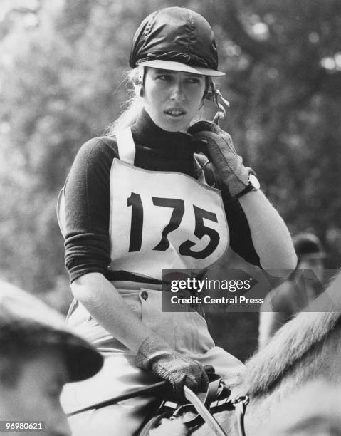 Anne, the Princess Royal, competes in the cross-country section of the Eridge Horse Trials, East Sussex, 21st August 1971. She is riding Doublet.