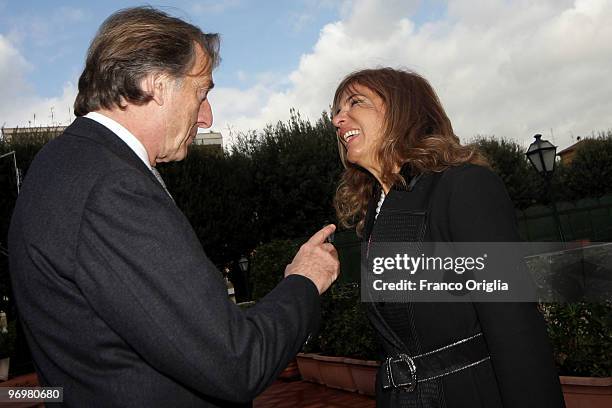 President of LUISS University and Ferrari chairman Luca Cordero Di Montezemolo greets the President of Confindustria Emma Marcegaglia at the end of...