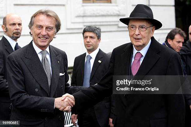 President of LUISS University and Ferrari chairman Luca Cordero Di Montezemolo greets Italian President Giorgio Napolitano at the end of LUISS School...
