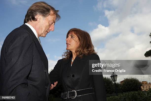 President of LUISS University and Ferrari chairman Luca Cordero Di Montezemolo greets the President of Confindustria Emma Marcegaglia at the end of...