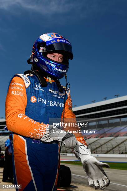 Scott Dixon, driver of the PNC Bank Chip Ganassi Racing Honda, prepares to practice for the Verizon IndyCar Series DXC Technology 600 at Texas Motor...