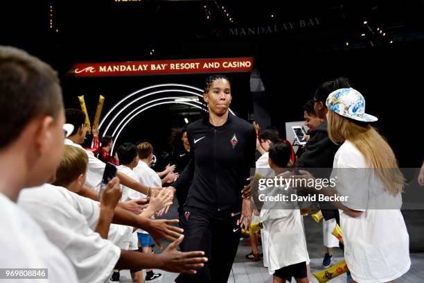 Tamera Young of the Las Vegas Aces enters the arena prior to the game against the Atlanta Dream on June 8, 2018 at the Mandalay Bay Events Center in...