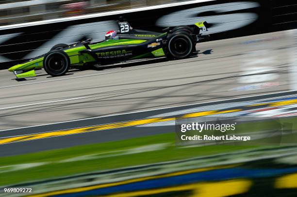 Charlie Kimball, driver of the Tresiba Chevrolet, practices for the Verizon IndyCar Series DXC Technology 600 at Texas Motor Speedway on June 8, 2018...