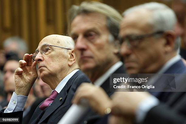 Italian President Giorgio Napolitano, President of LUISS University and Ferrari chairman Luca Cordero Di Montezemolo and Francesco Gaetano...