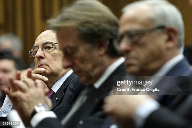 Italian President Giorgio Napolitano, President of LUISS University and Ferrari chairman Luca Cordero Di Montezemolo and Francesco Gaetano...