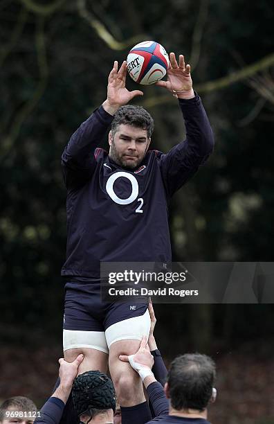 Nick Easter catches the ball during the England training session held at Pennyhill Park on February 23, 2010 in Bagshot, England.