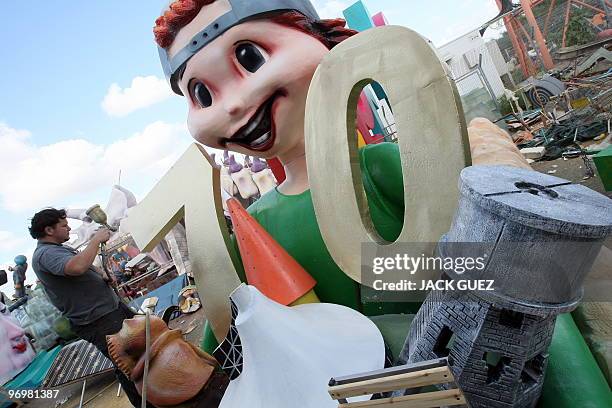 Artists work on parade floats in Kalmaniya, near Kfar Saba, on February 23, 2010 in preparation for the Jewish holiday of Purim. The carnival-like...