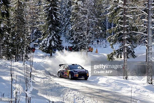 Kimi Raikkonen of Finland drives a Citroen on his way to finish thirtieth in the Swedish Rally, in Varmland, Sweden, on February 14, 2010. The race...