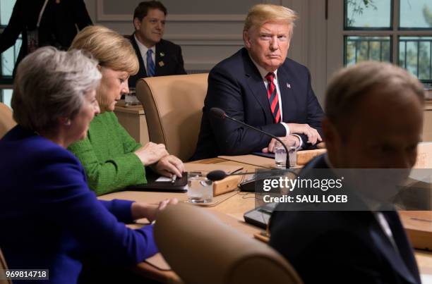 President Donald Trump participates in a working session during the G7 Summit in Charlevoix, Quebec, Canada, June 8, 2018. - Seated clockwise from...