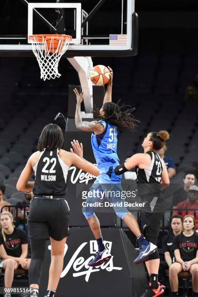 Jessica Breland of the Atlanta Dream shoots the ball against the Las Vegas Aces on June 8, 2018 at the Mandalay Bay Events Center in Las Vegas,...